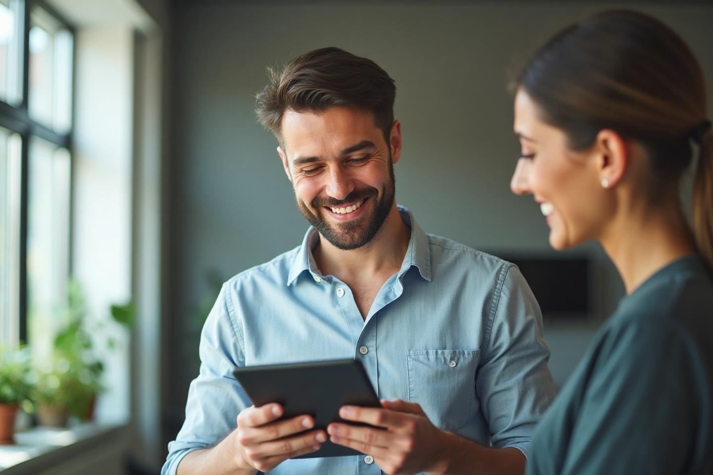 Happy entrepreneur using Highfer's accounting platform on tablet